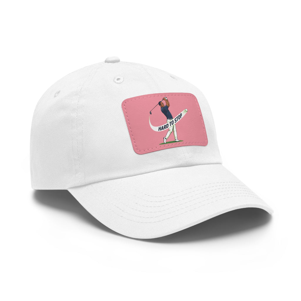 Pink Dad Hat with Leather Patch — 'Hard to Stop' Golfer Graphic Cap