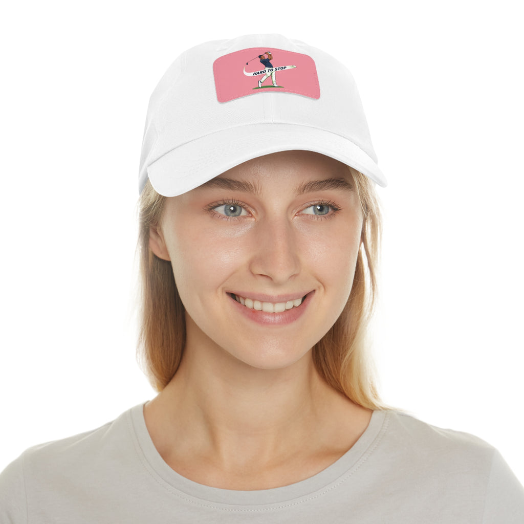 Pink Dad Hat with Leather Patch — 'Hard to Stop' Golfer Graphic Cap