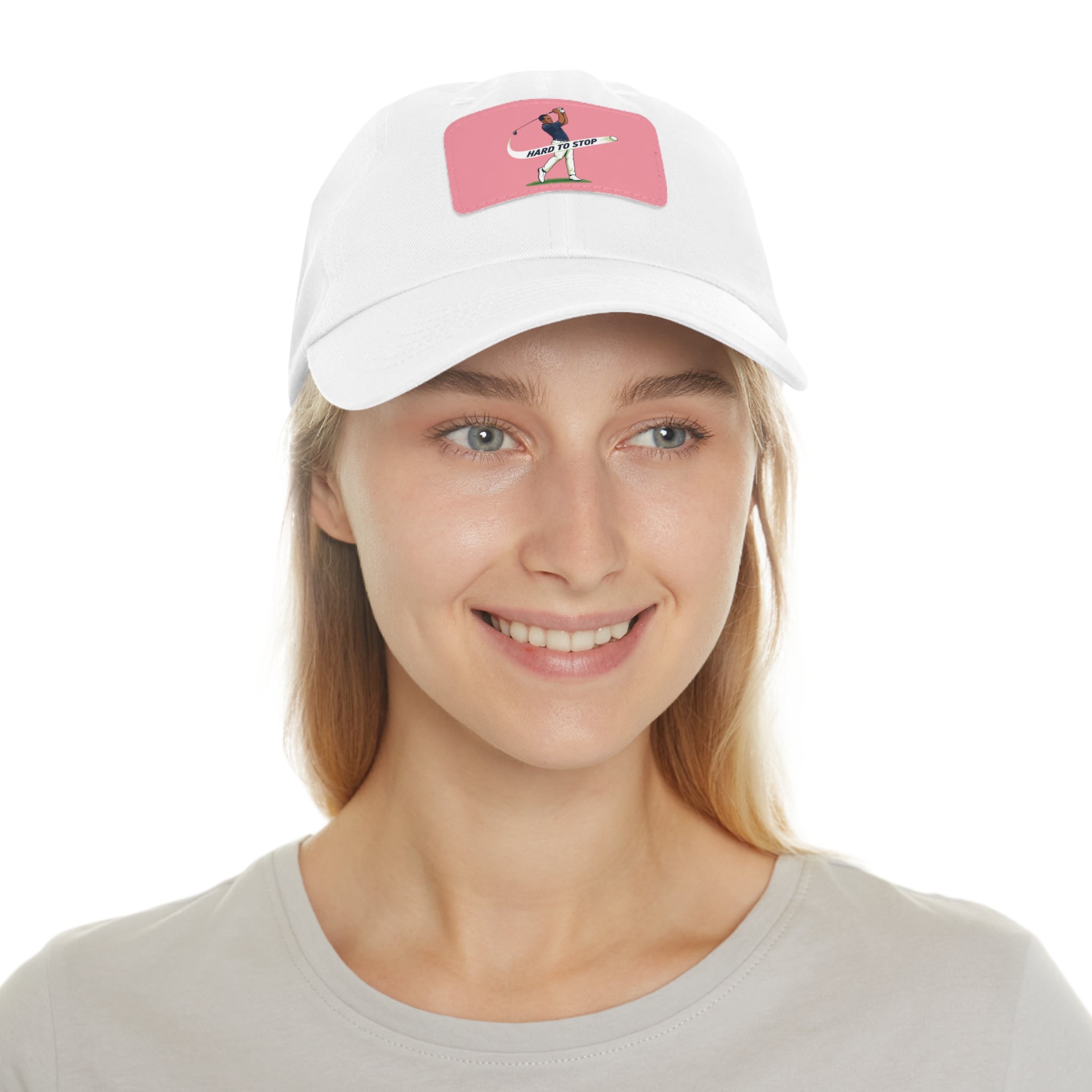 Pink Dad Hat with Leather Patch — 'Hard to Stop' Golfer Graphic Cap
