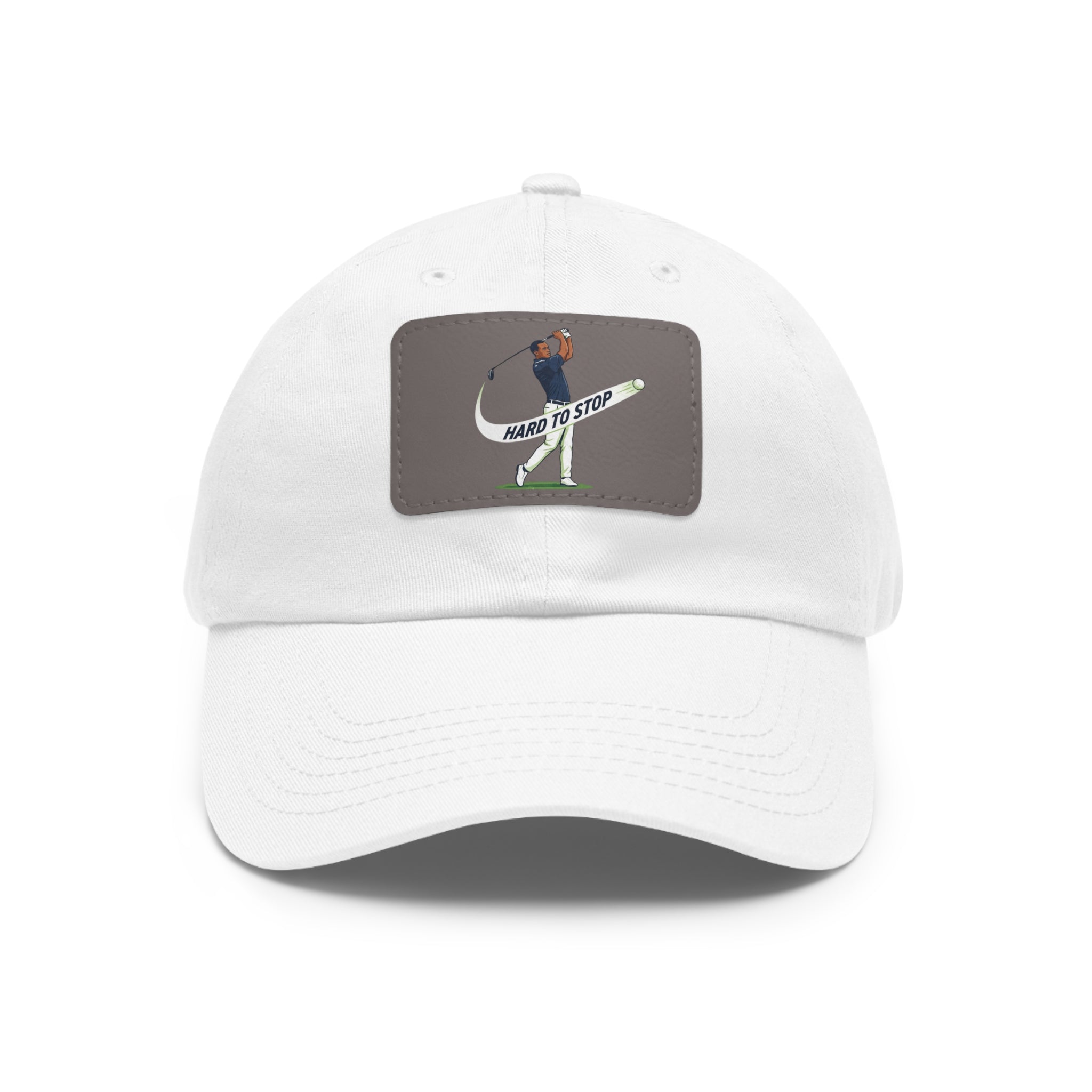 Pink Dad Hat with Leather Patch — 'Hard to Stop' Golfer Graphic Cap