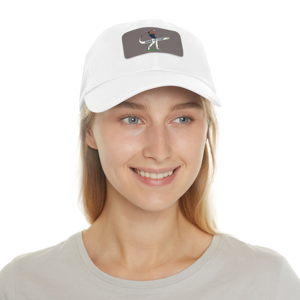 Pink Dad Hat with Leather Patch — 'Hard to Stop' Golfer Graphic Cap