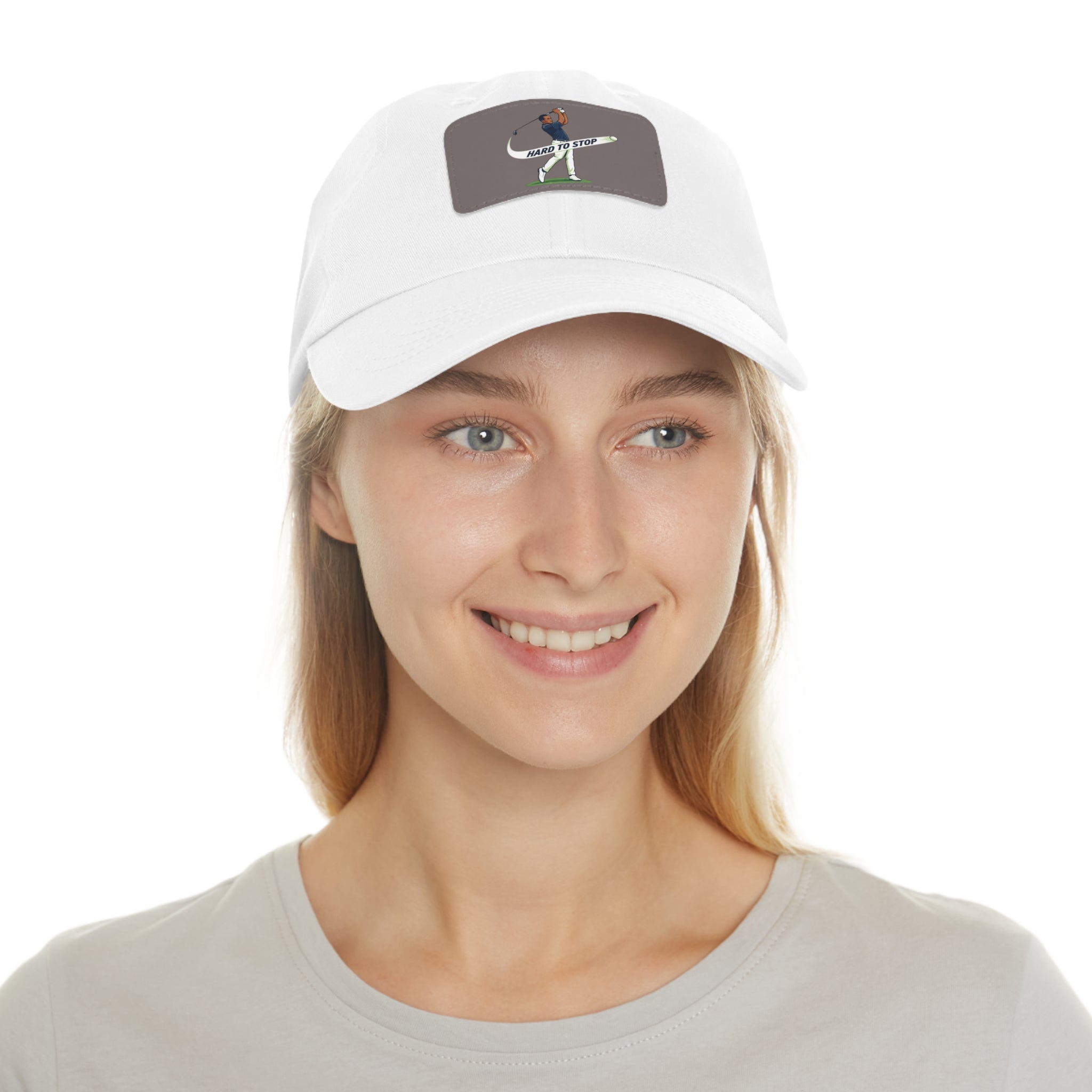 Pink Dad Hat with Leather Patch — 'Hard to Stop' Golfer Graphic Cap