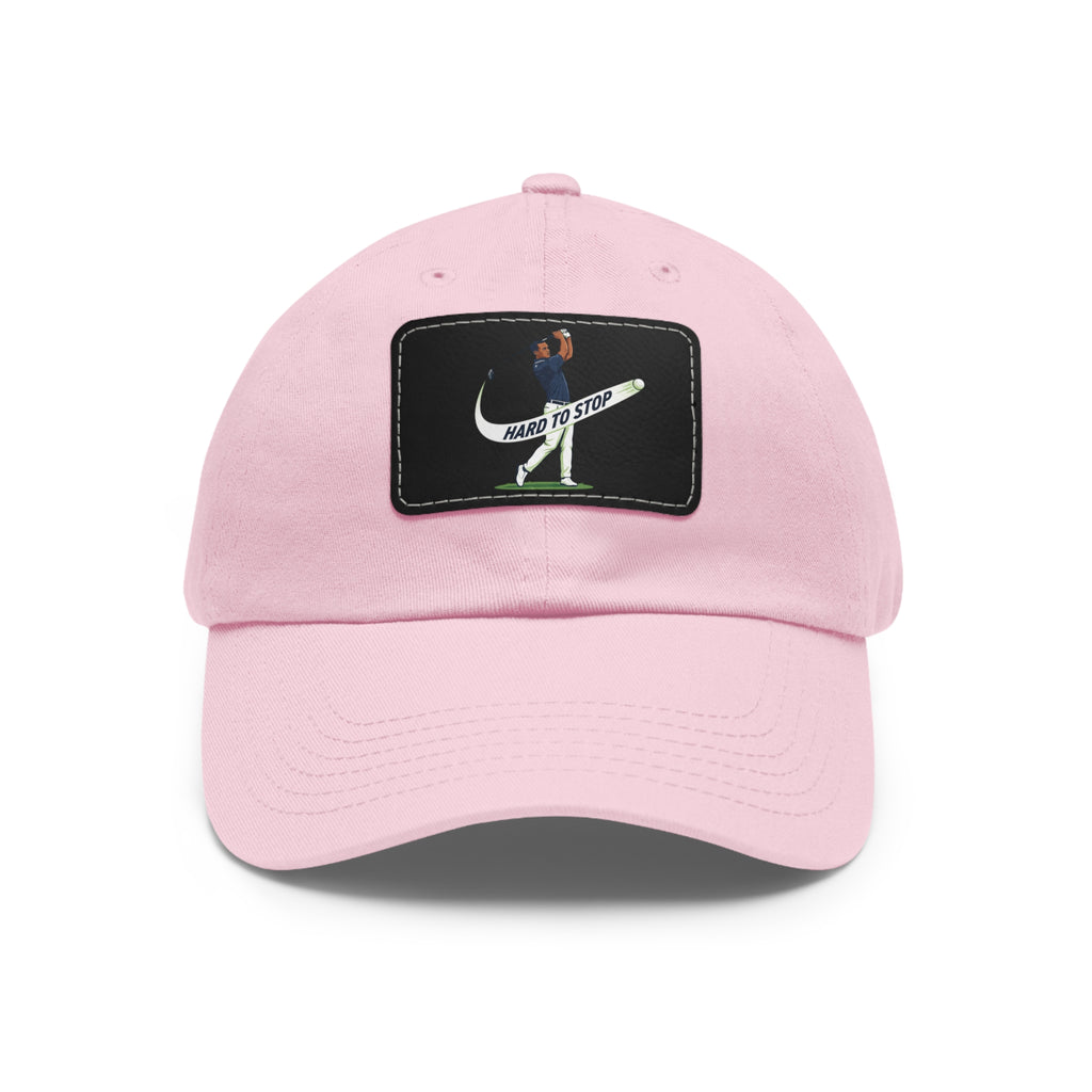 Pink Dad Hat with Leather Patch — 'Hard to Stop' Golfer Graphic Cap