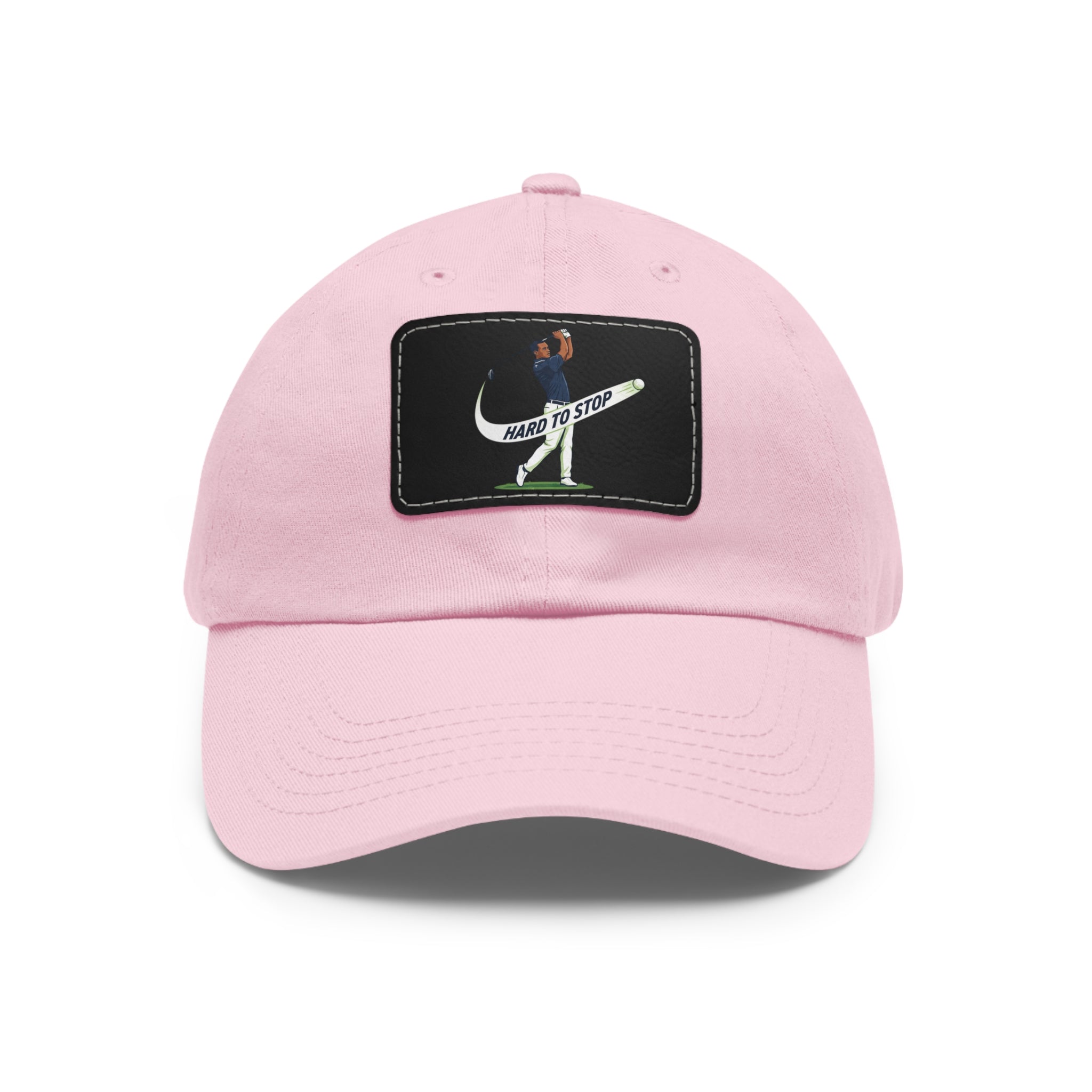 Pink Dad Hat with Leather Patch — 'Hard to Stop' Golfer Graphic Cap