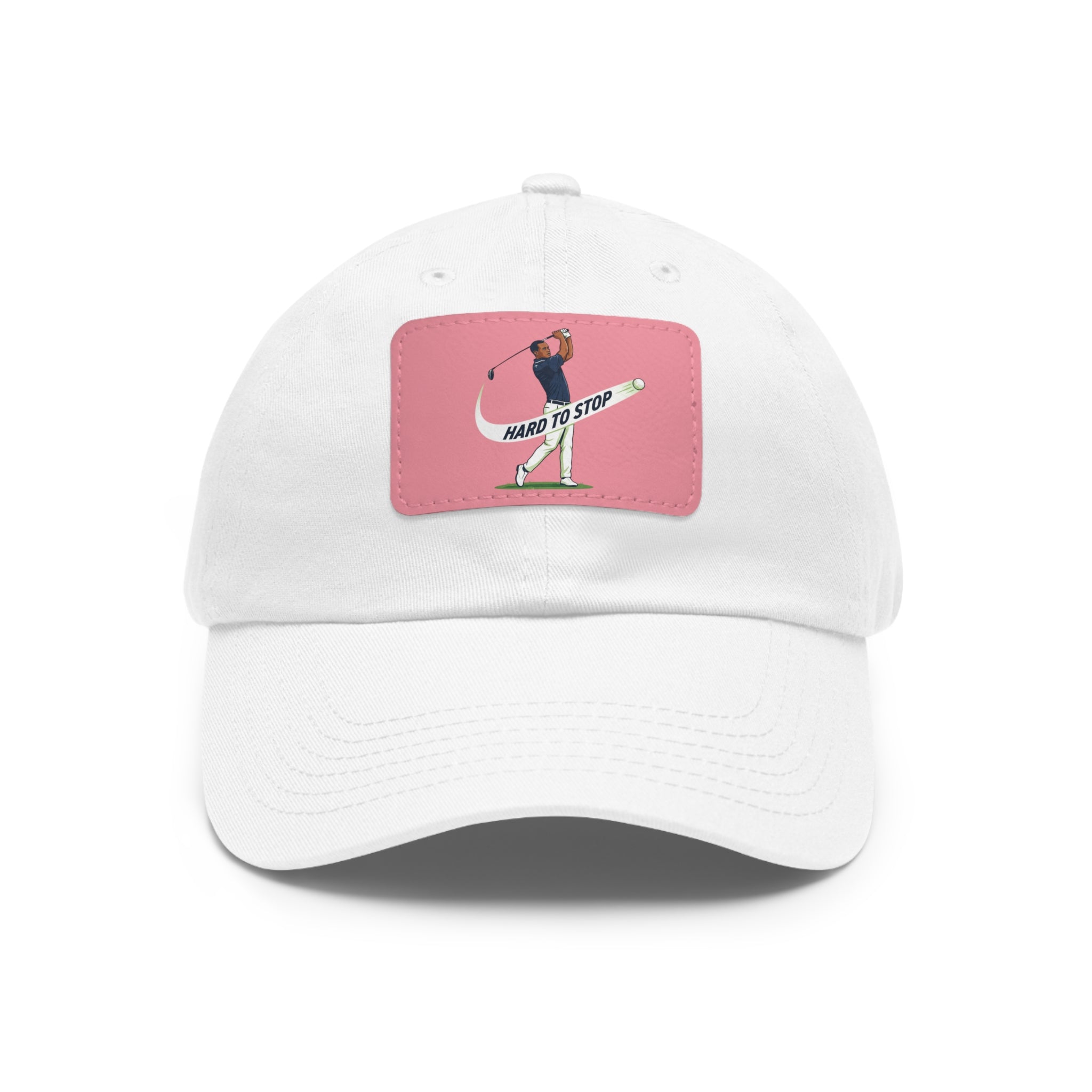 Pink Dad Hat with Leather Patch — 'Hard to Stop' Golfer Graphic Cap
