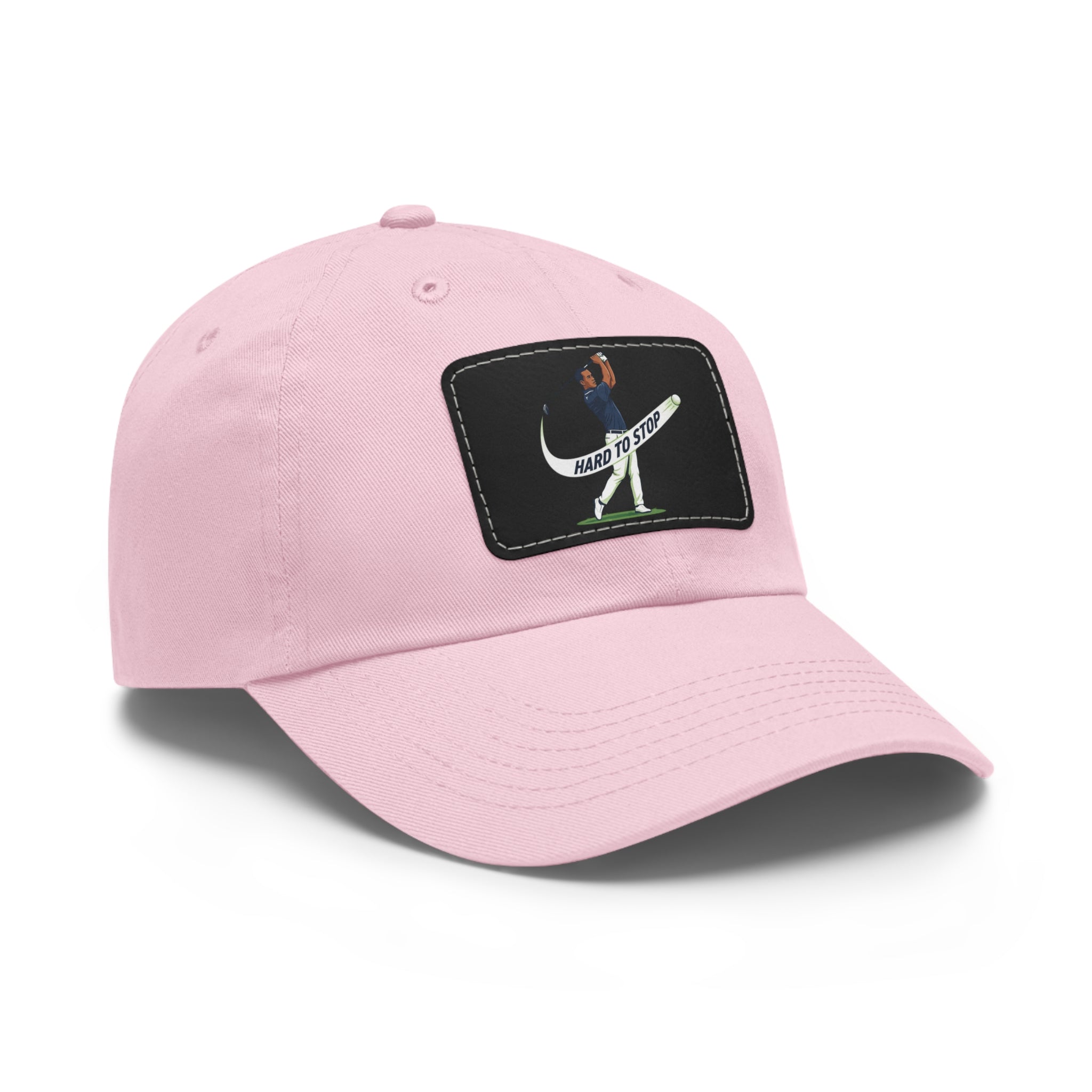 Pink Dad Hat with Leather Patch — 'Hard to Stop' Golfer Graphic Cap